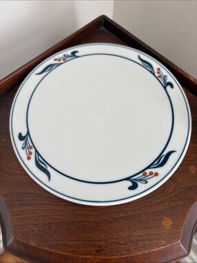 Dansk White Trivet with Navy Blue Floral Border and Orange Berry Accents